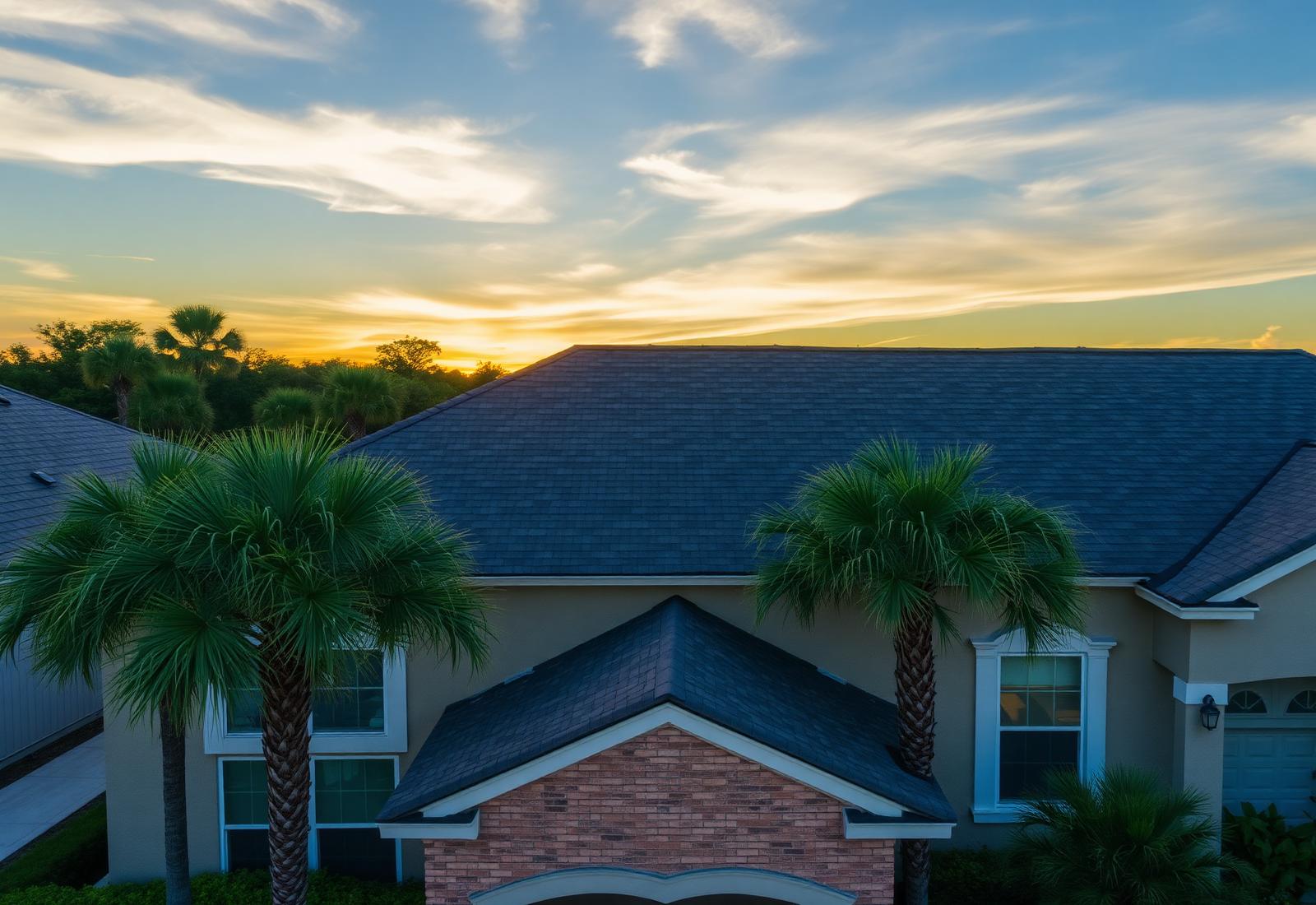 Central Florida home with a new architectural shingle roof at sunset